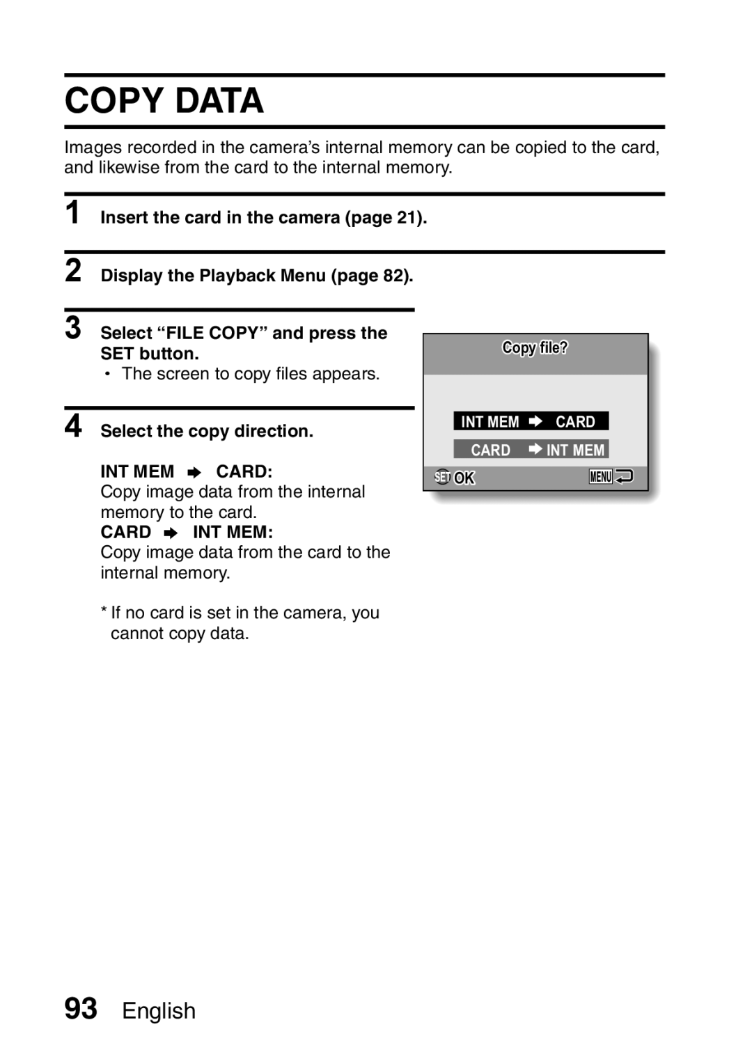 Sanyo VPC-E10GX, VPC-E10EX instruction manual Copy Data, SET button, Select the copy direction, INT MEM Card, Card INT MEM 