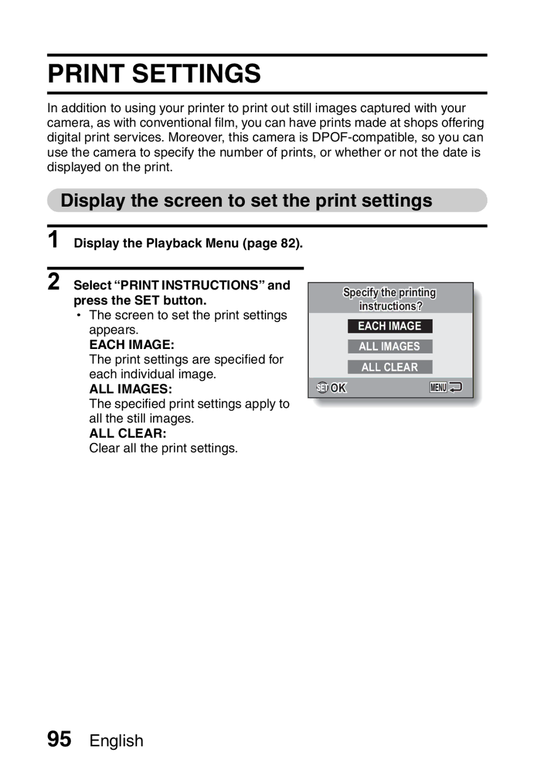 Sanyo VPC-E10EX Print Settings, Display the screen to set the print settings, Each Image, ALL Images, ALL Clear 