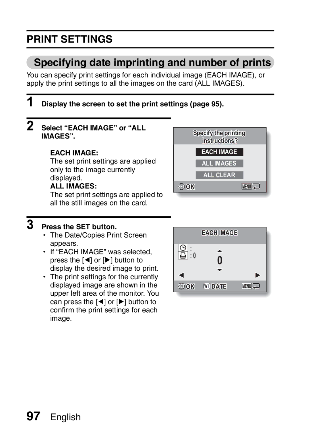 Sanyo VPC-E10EX, VPC-E10GX instruction manual Print Settings, Specifying date imprinting and number of prints 