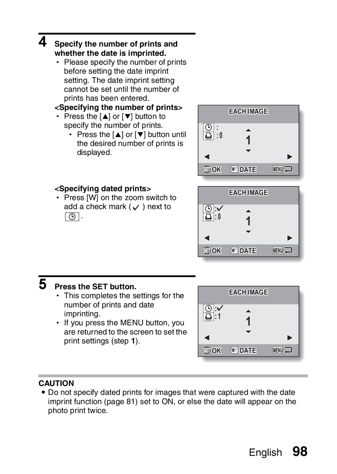 Sanyo VPC-E10EX, VPC-E10GX instruction manual Specifying the number of prints, Specifying dated prints 