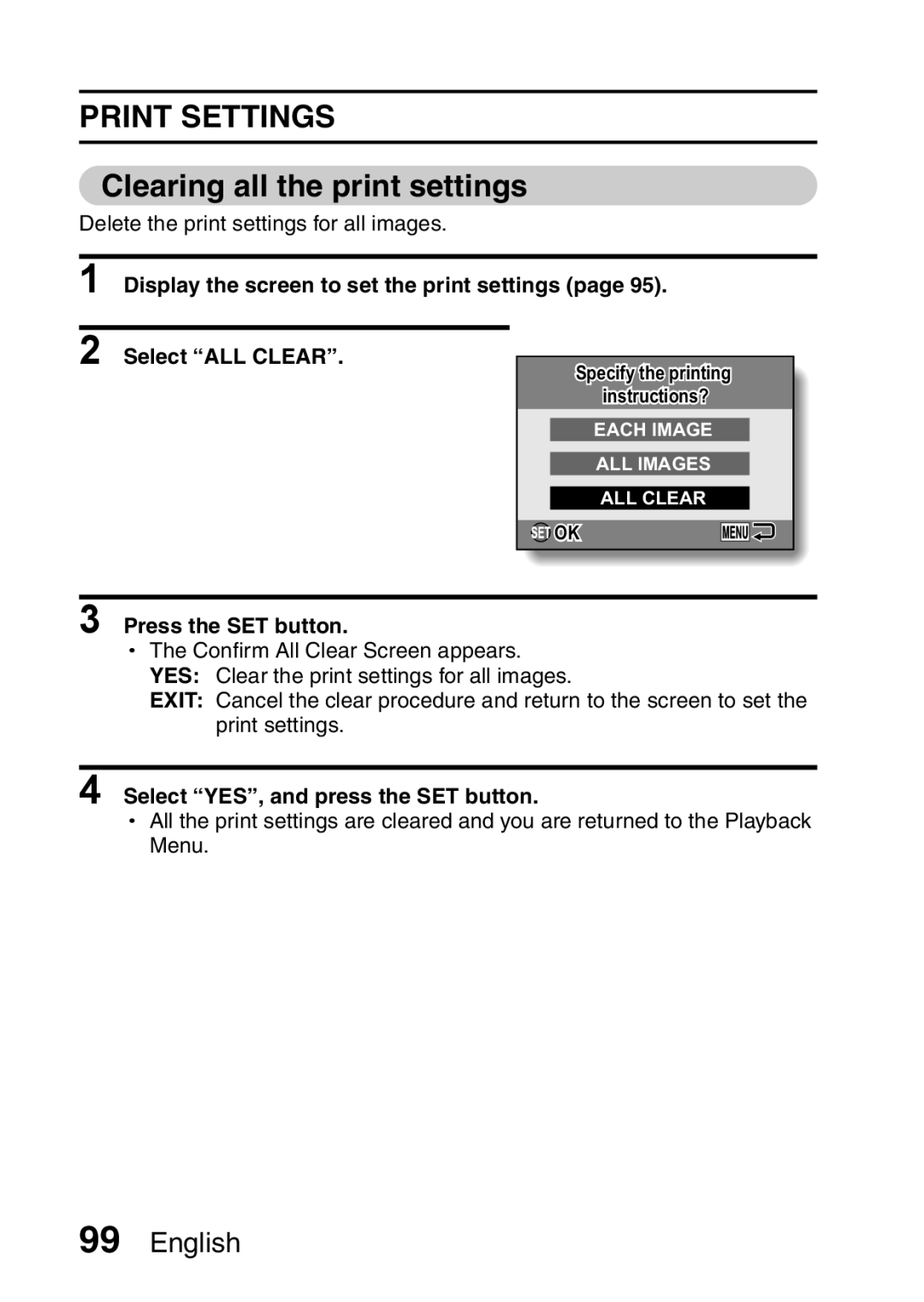 Sanyo VPC-E10GX, VPC-E10EX instruction manual Clearing all the print settings, Select YES, and press the SET button 