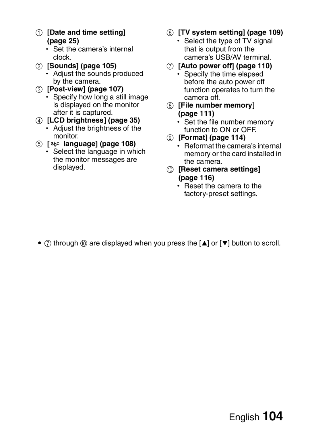 Sanyo VPC-E10 Date and time setting, Sounds, Post-view, LCD brightness page 35 h Adjust the brightness, File number memory 