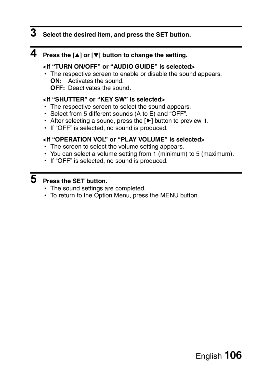 Sanyo VPC-E10EX, VPC-E10GX instruction manual If Shutter or KEY SW is selected, If Operation VOL or Play Volume is selected 