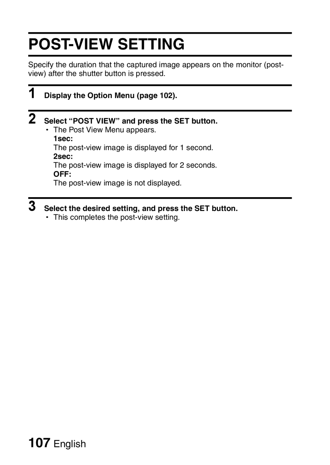 Sanyo VPC-E10EX, VPC-E10GX POST-VIEW Setting, 1sec, 2sec, Off, Select the desired setting, and press the SET button 