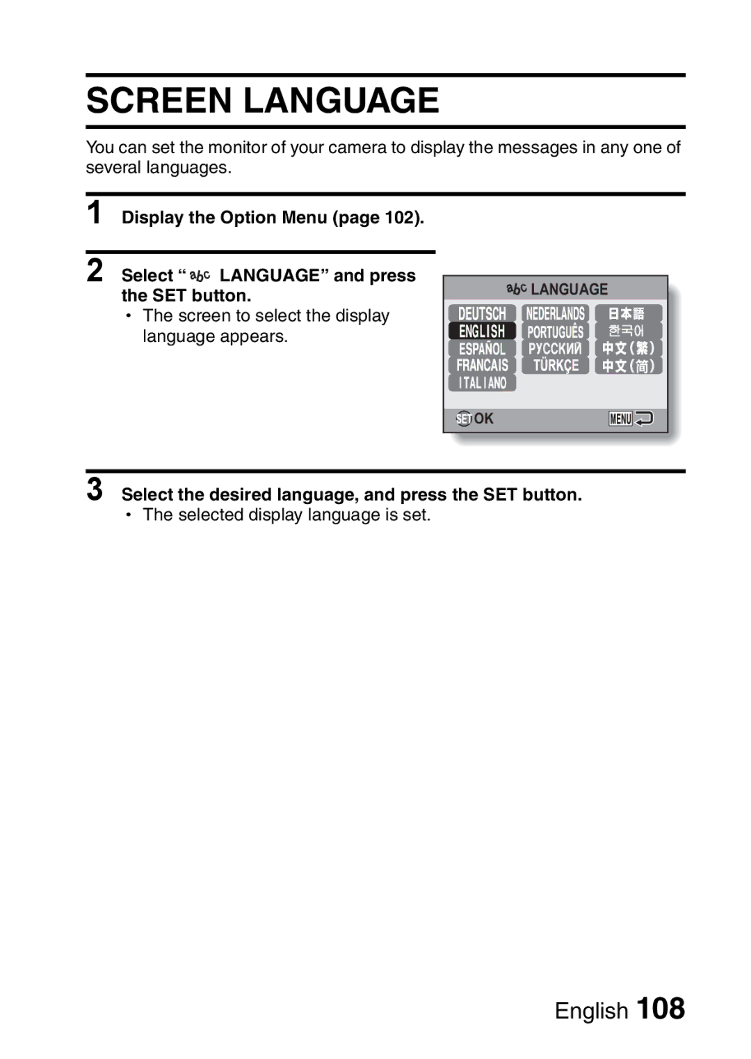 Sanyo VPC-E10GX, VPC-E10EX instruction manual Screen Language, Select the desired language, and press the SET button 