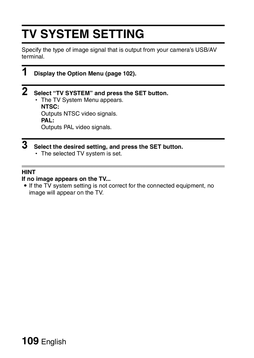 Sanyo VPC-E10EX, VPC-E10GX instruction manual TV System Setting, Ntsc, Pal, If no image appears on the TV 