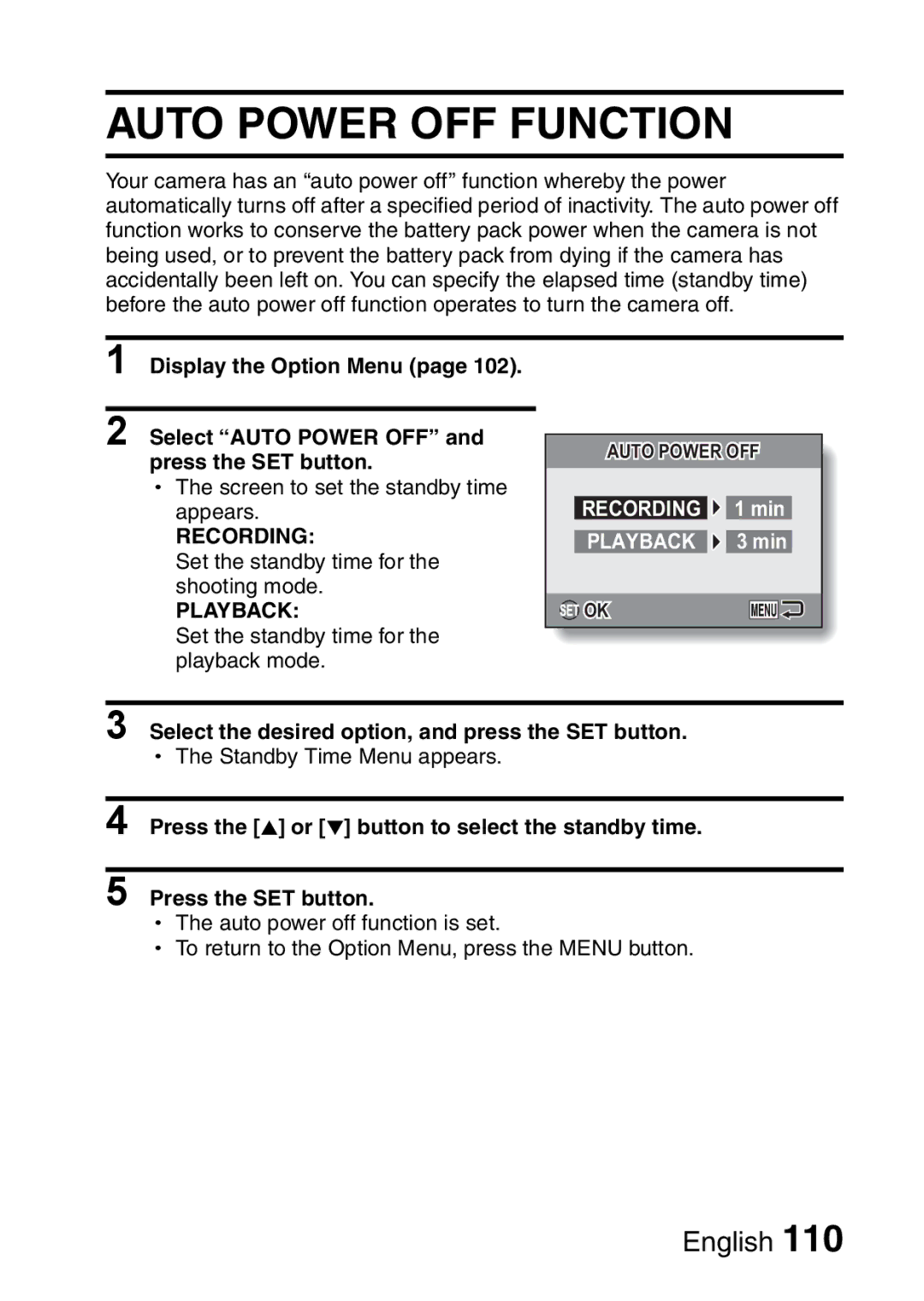 Sanyo VPC-E10EX Auto Power OFF Function, Recording, Playback, Select the desired option, and press the SET button 