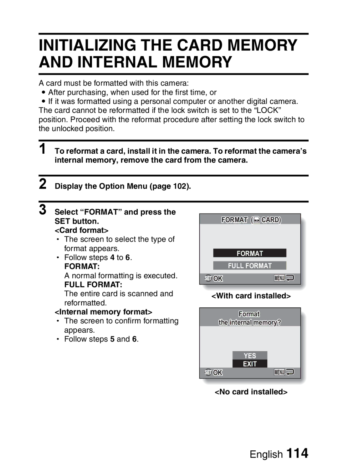 Sanyo VPC-E10GX, VPC-E10EX instruction manual Full Format, Internal memory format, No card installed 