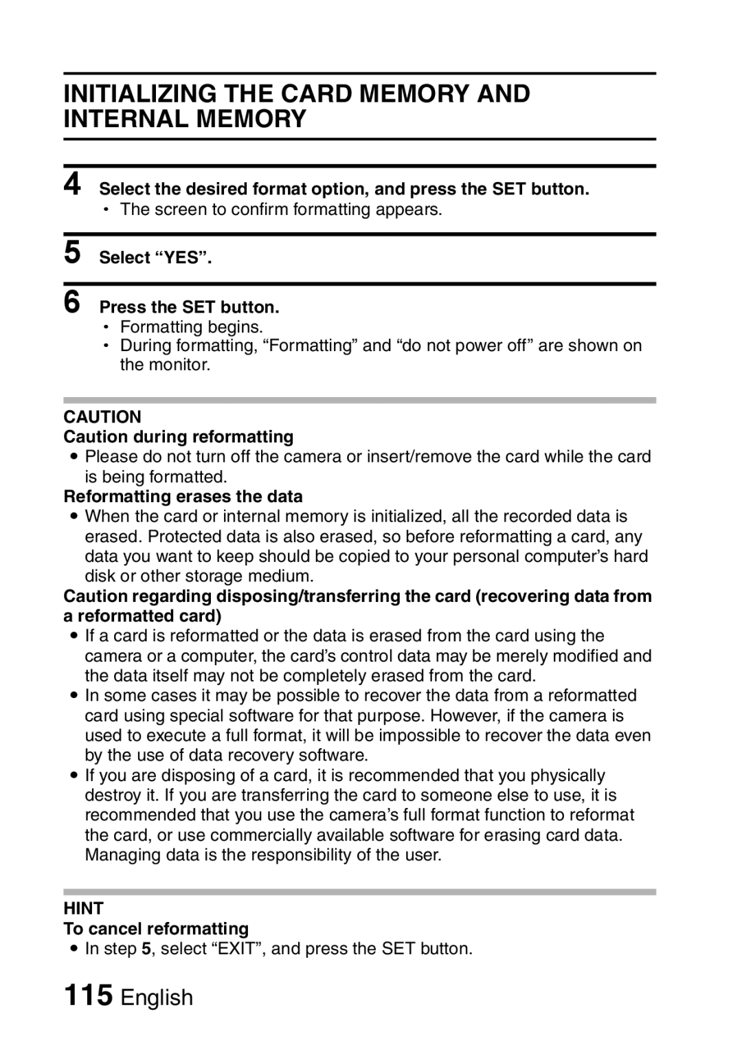 Sanyo VPC-E10EX Initializing the Card Memory and Internal Memory, Select YES Press the SET button, To cancel reformatting 