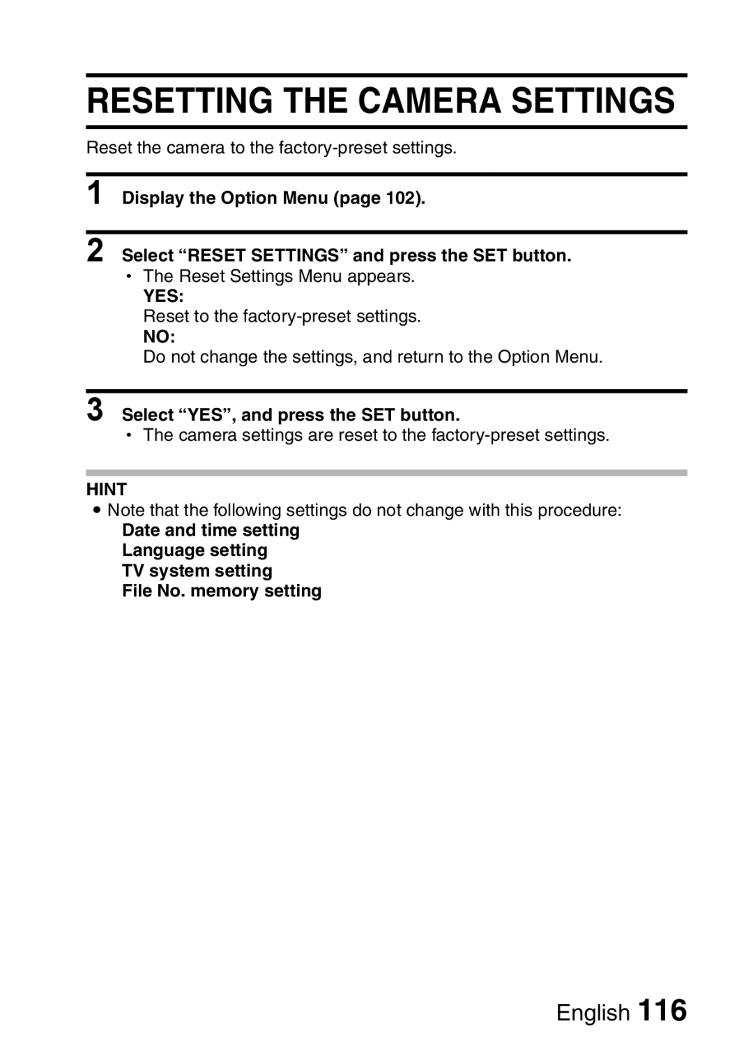 Sanyo VPC-E10EX, VPC-E10GX instruction manual Resetting the Camera Settings, Yes 