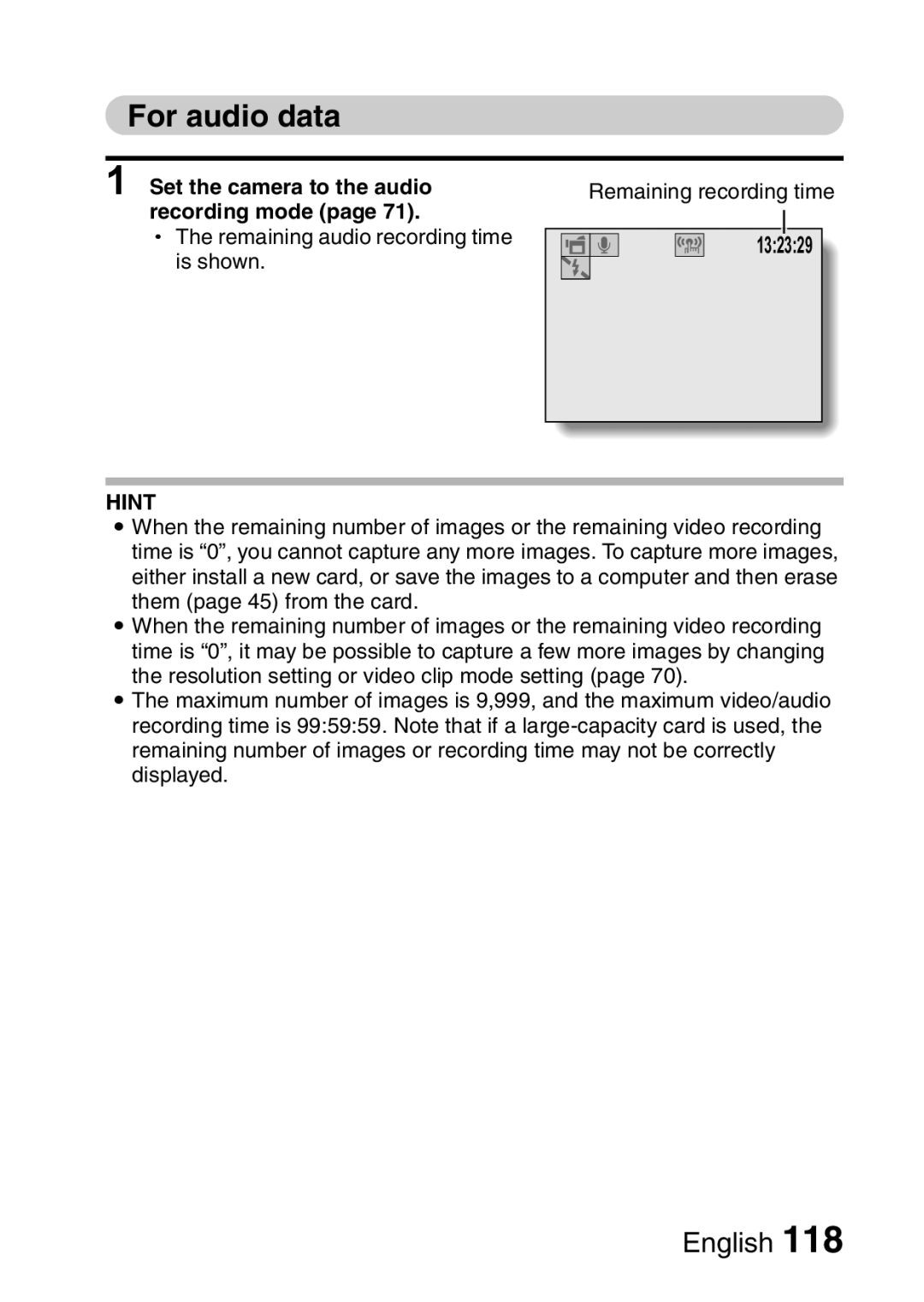 Sanyo VPC-E10EX, VPC-E10GX instruction manual For audio data, Set the camera to the audio, Recording mode 