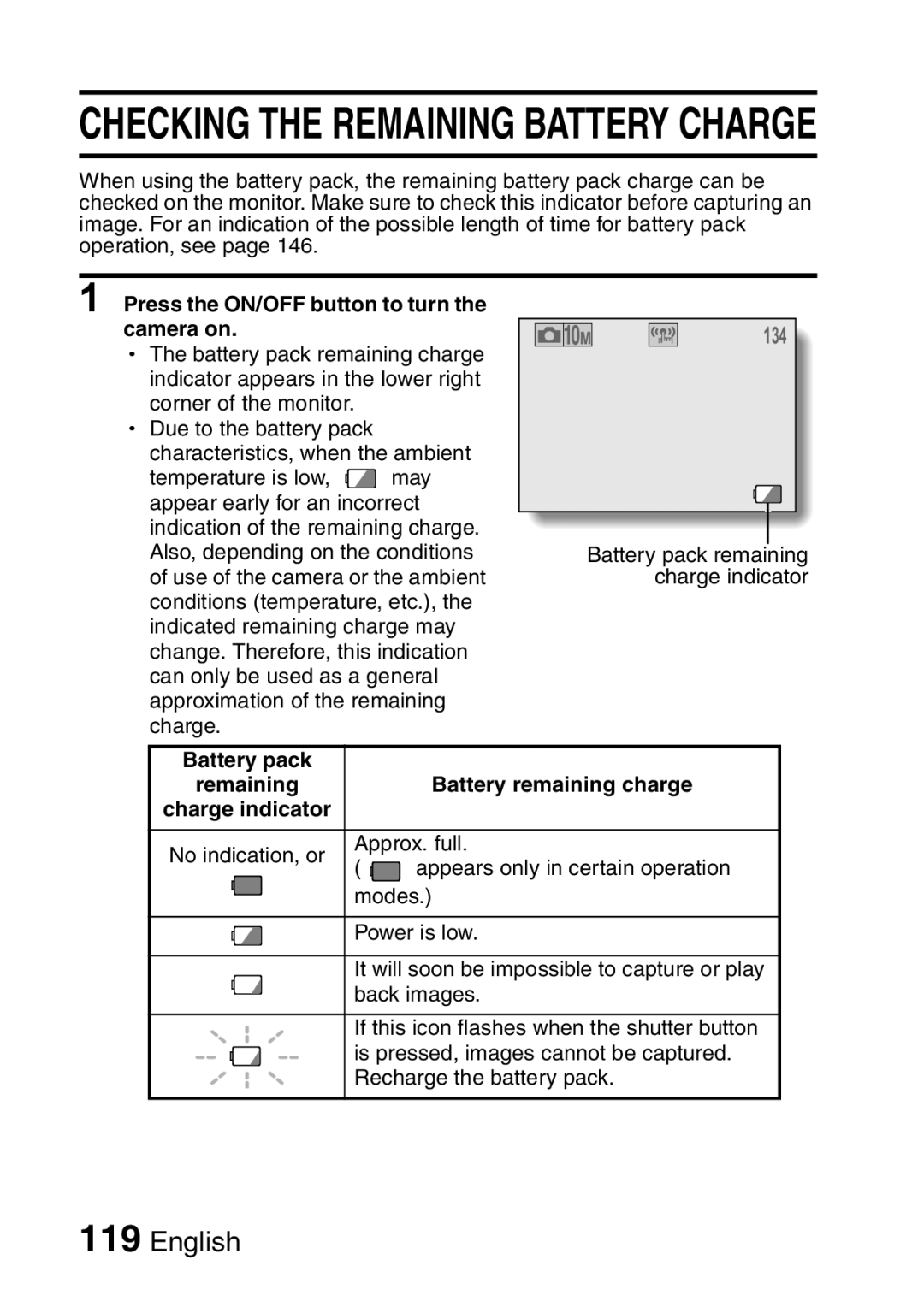 Sanyo VPC-E10EX, VPC-E10GX instruction manual Checking the Remaining Battery Charge, Battery remaining charge 