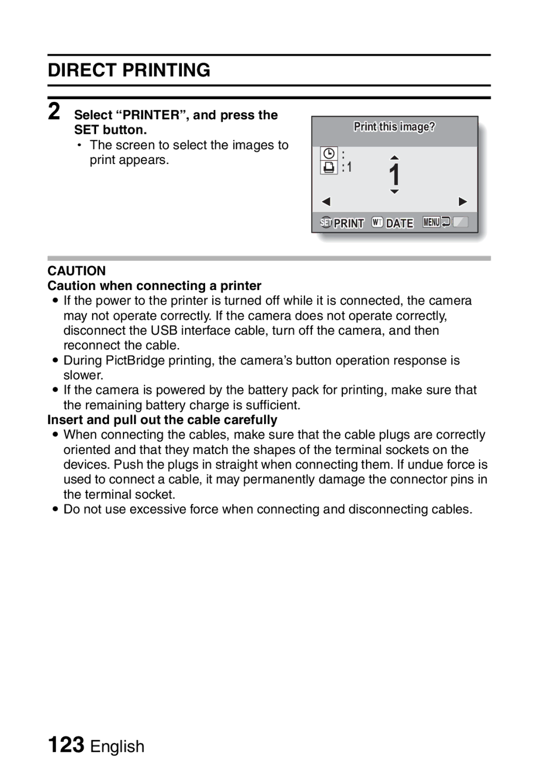 Sanyo VPC-E10GX, VPC-E10EX instruction manual Direct Printing, Select PRINTER, and press the SET button 