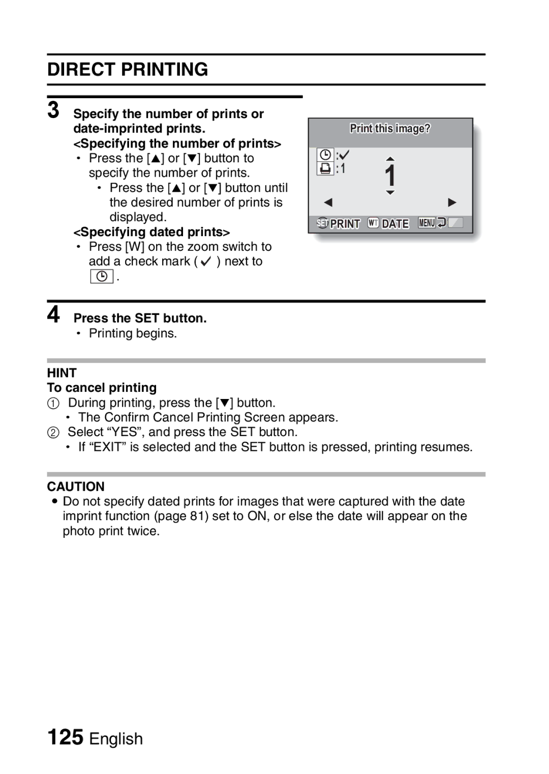 Sanyo VPC-E10EX, VPC-E10GX instruction manual Specifying dated prints, To cancel printing 