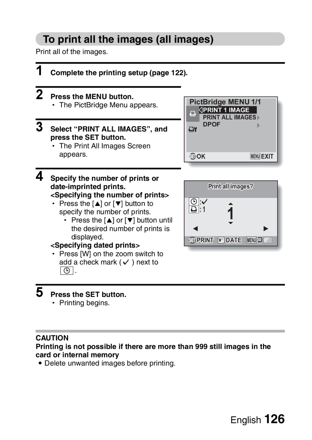 Sanyo VPC-E10GX To print all the images all images, Press the Menu button PictBridge Menu 1/1, Select Print ALL IMAGES 