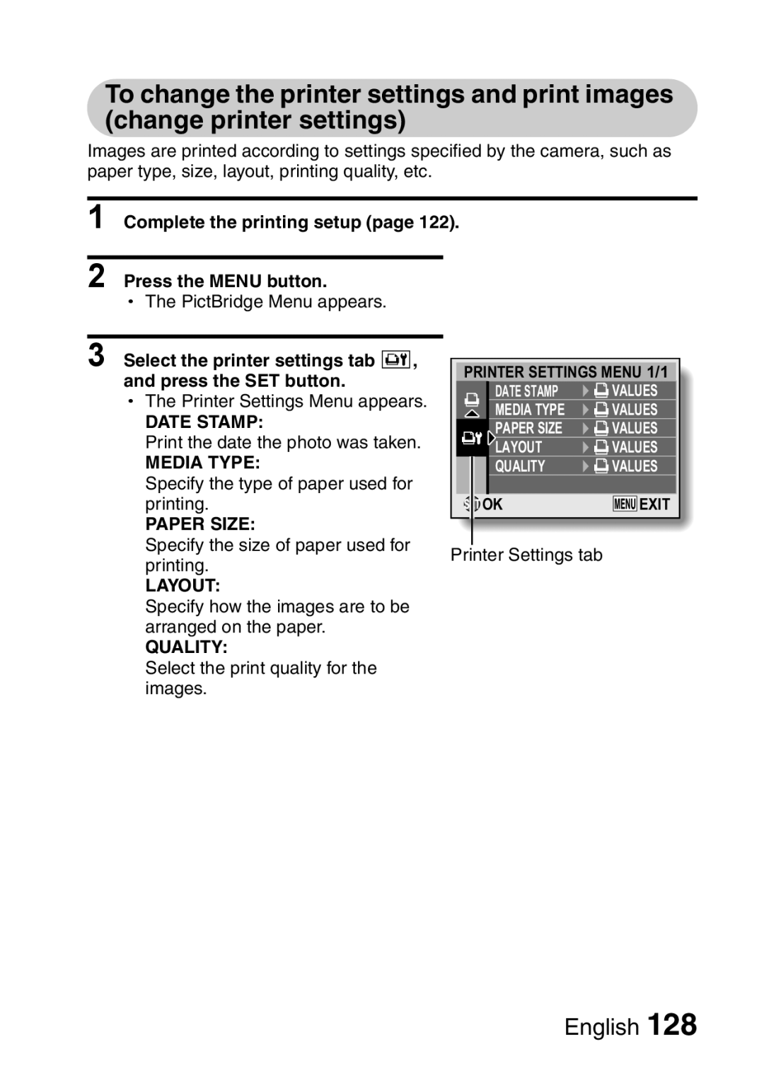 Sanyo VPC-E10EX, VPC-E10GX instruction manual Date Stamp, Media Type, Paper Size, Layout, Quality 