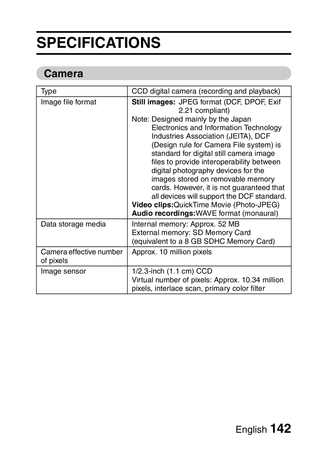 Sanyo VPC-E10EX, VPC-E10GX instruction manual Specifications, Camera 