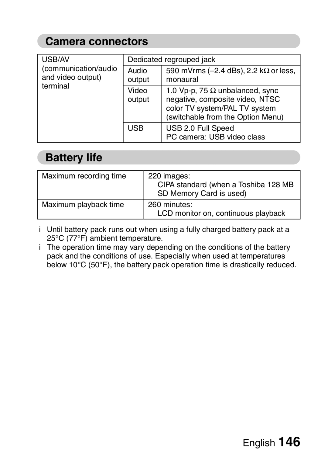 Sanyo VPC-E10EX, VPC-E10GX instruction manual Camera connectors, Battery life 