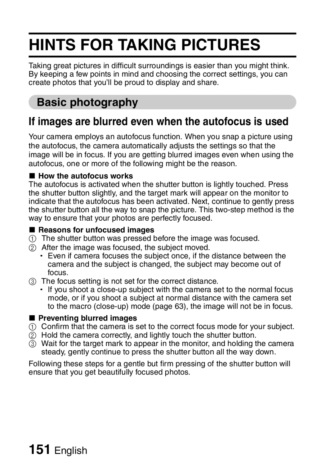 Sanyo VPC-E10EX, VPC-E10GX Hints for Taking Pictures, How the autofocus works, Reasons for unfocused images 