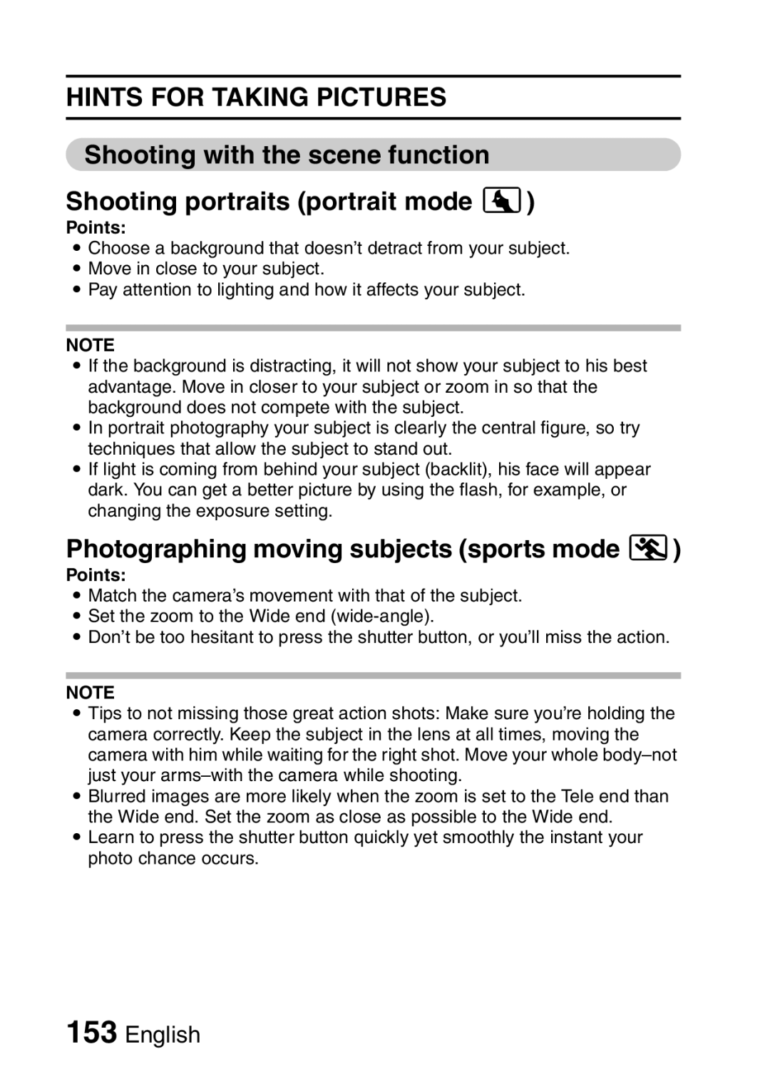 Sanyo VPC-E10GX, VPC-E10EX instruction manual Hints for Taking Pictures, Photographing moving subjects sports mode Y, Points 