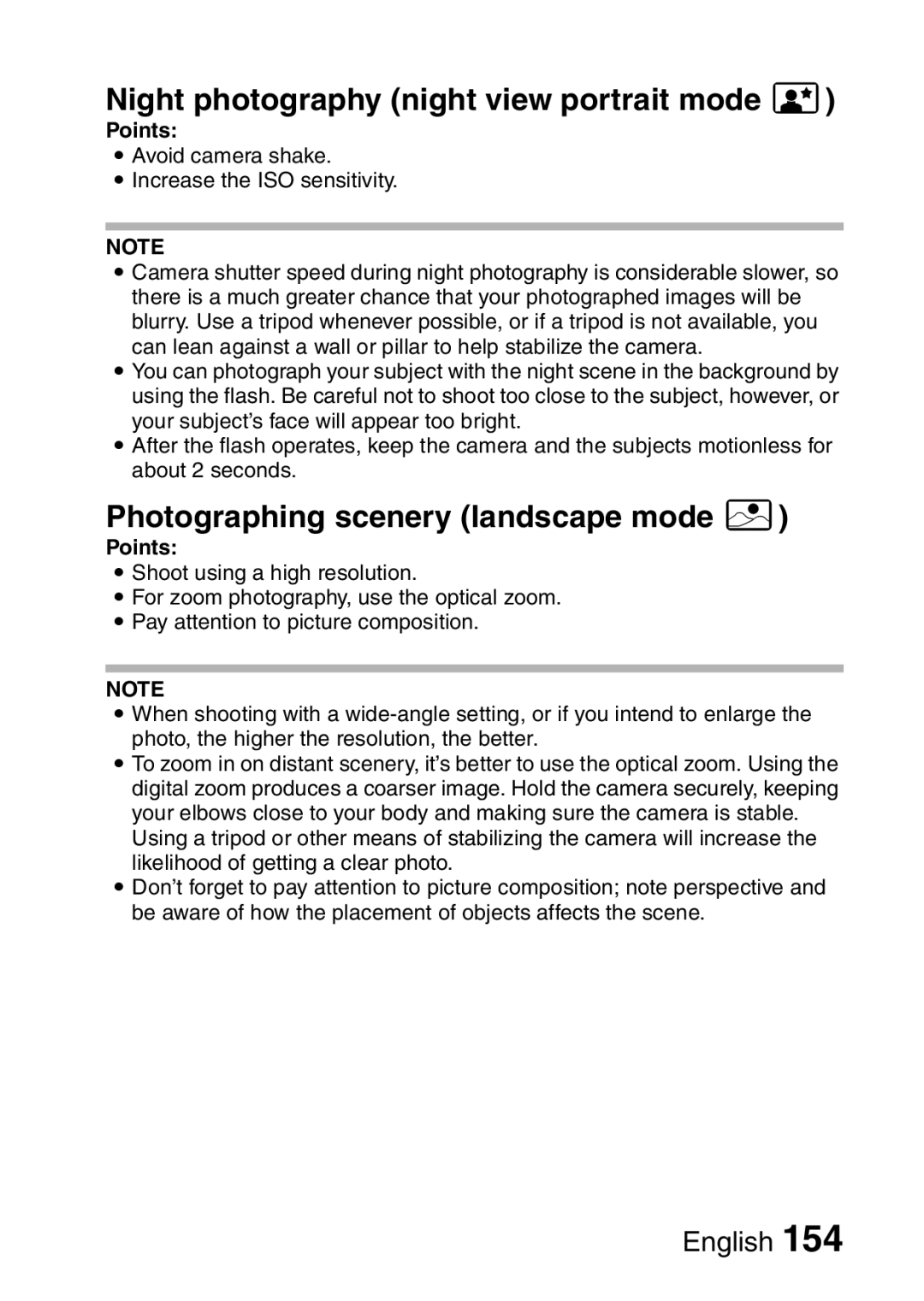 Sanyo VPC-E10EX, VPC-E10GX Night photography night view portrait mode, Photographing scenery landscape mode 