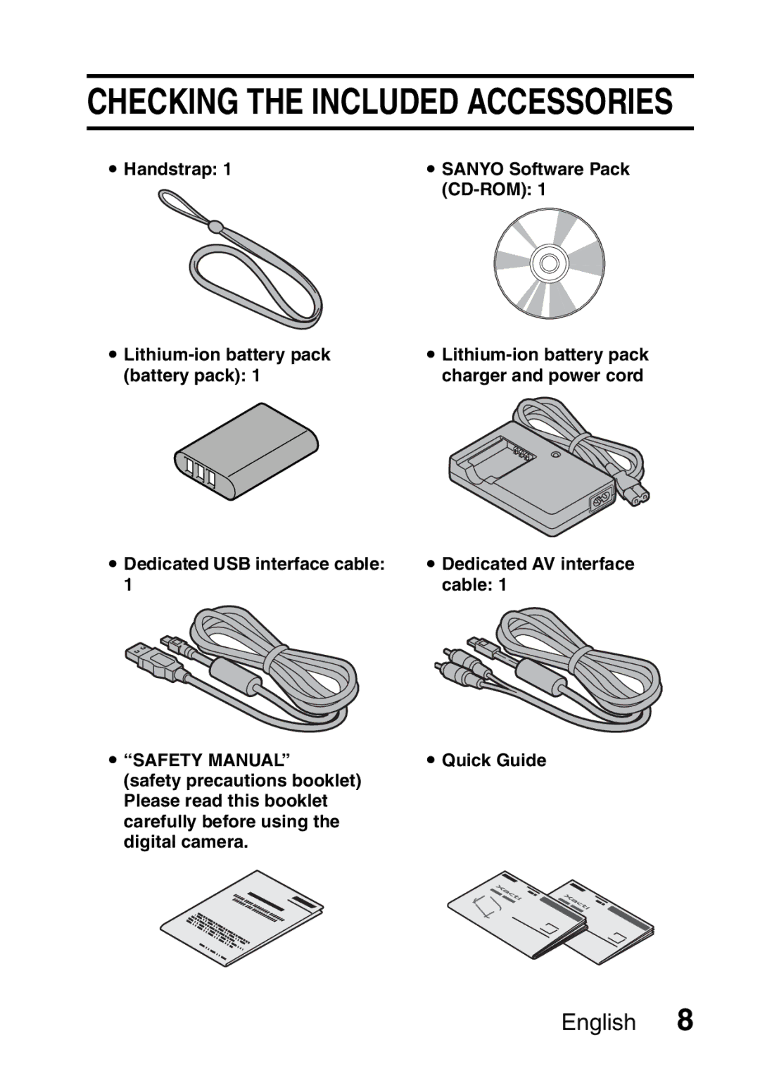 Sanyo VPC-E10EX, VPC-E10GX instruction manual Checking the Included Accessories 