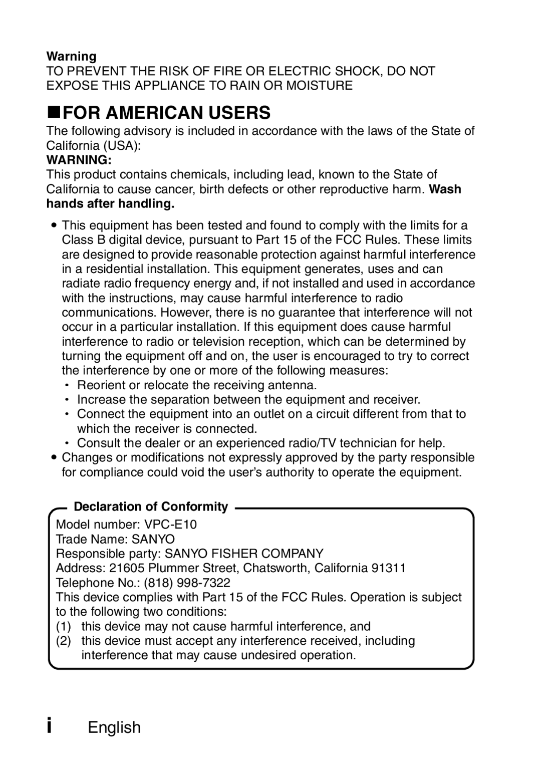 Sanyo VPC-E10GX, VPC-E10EX instruction manual KFOR American Users, Declaration of Conformity 