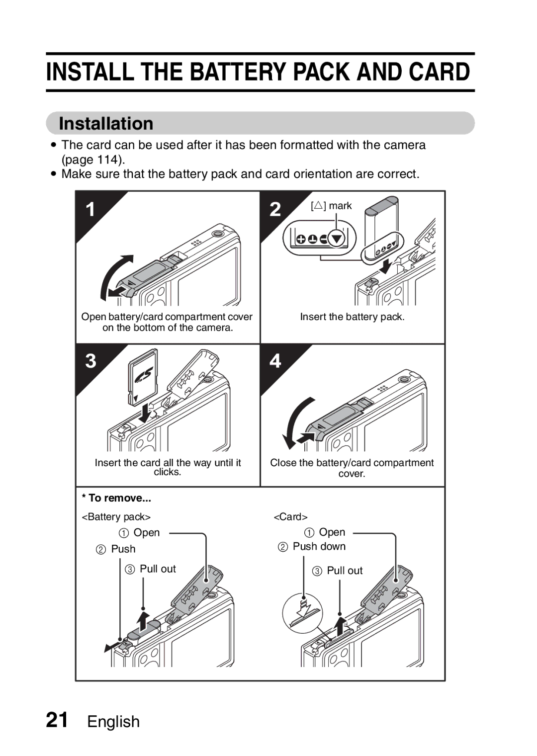 Sanyo VPC-E10GX, VPC-E10EX instruction manual Install the Battery Pack and Card, Installation 