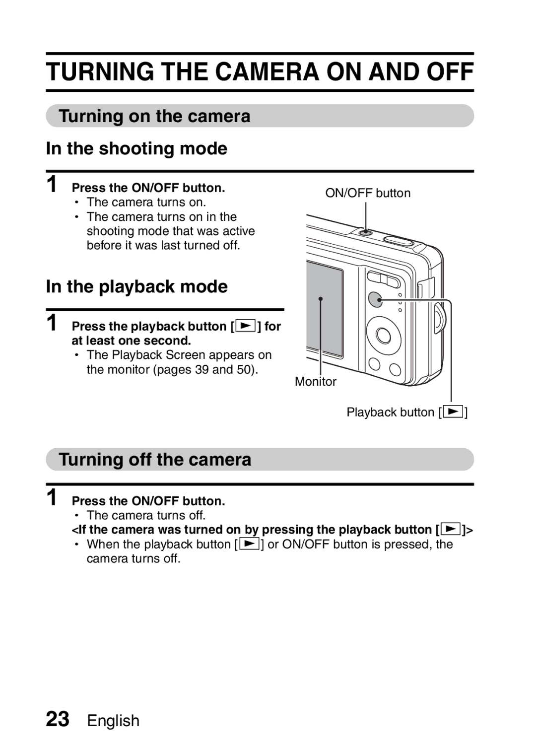 Sanyo VPC-E10 Turning the Camera on and OFF, Turning on the camera Shooting mode, Playback mode, Turning off the camera 