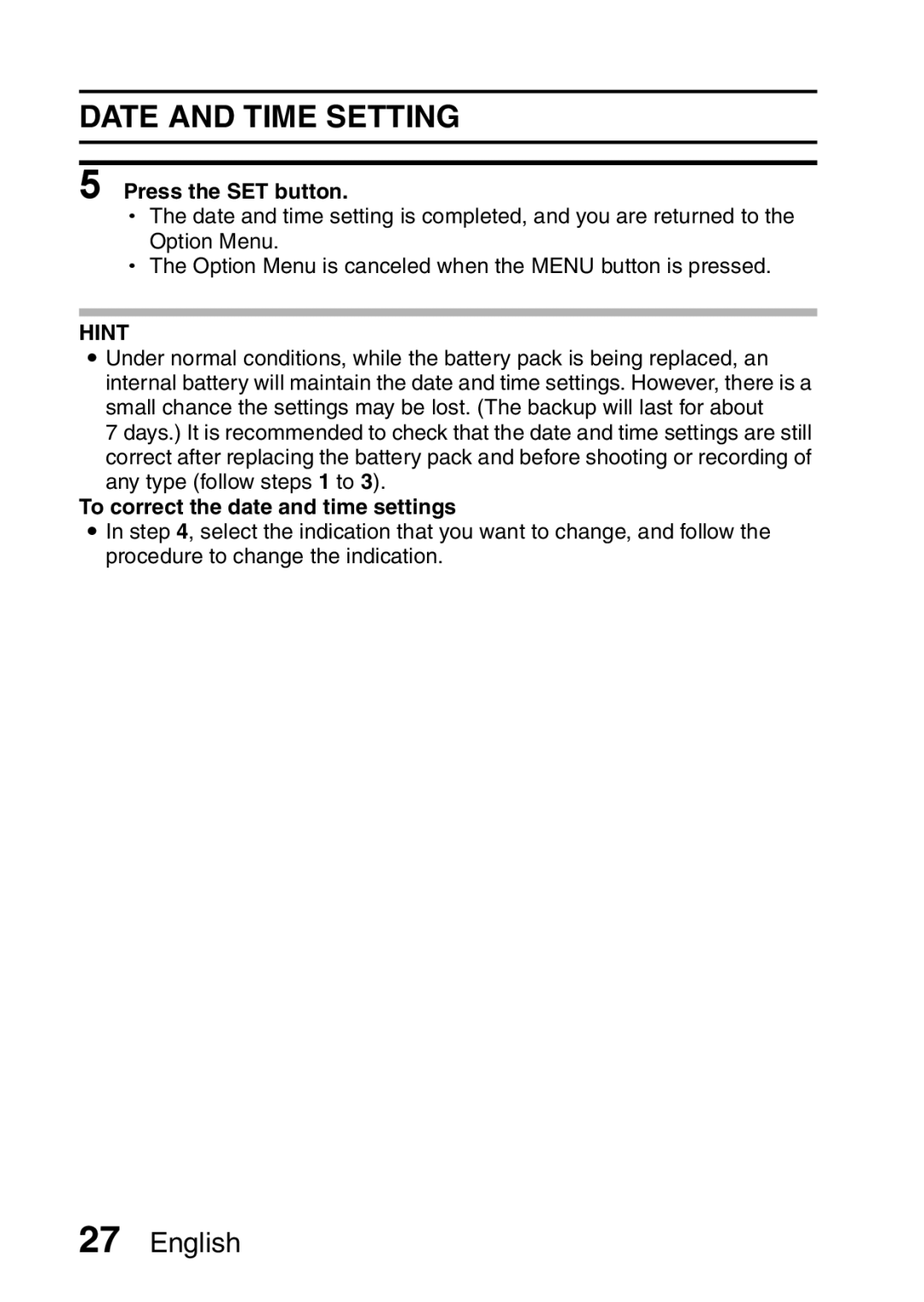 Sanyo VPC-E10GX, VPC-E10EX instruction manual Date and Time Setting, To correct the date and time settings 