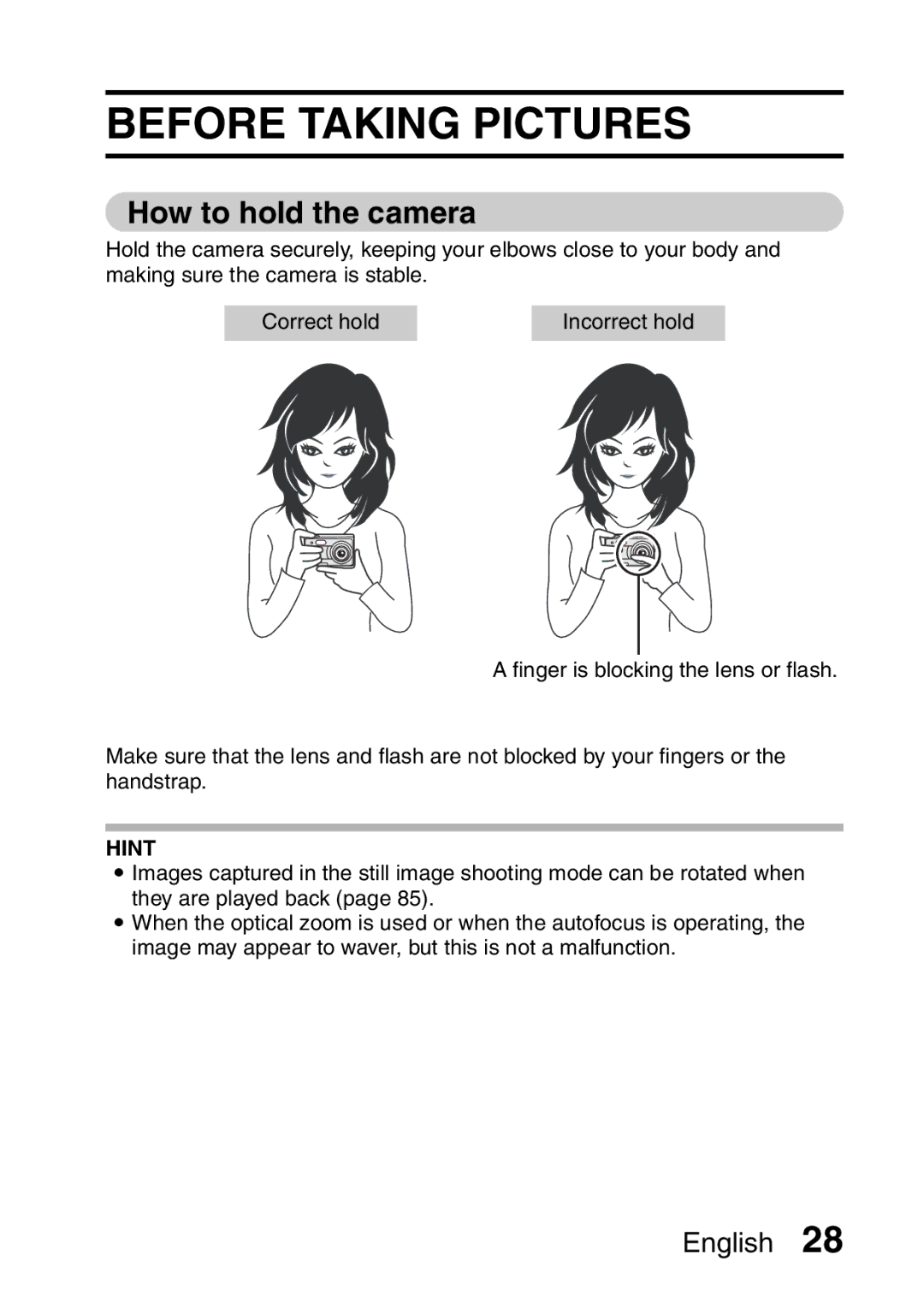 Sanyo VPC-E10EX, VPC-E10GX instruction manual Before Taking Pictures, How to hold the camera 