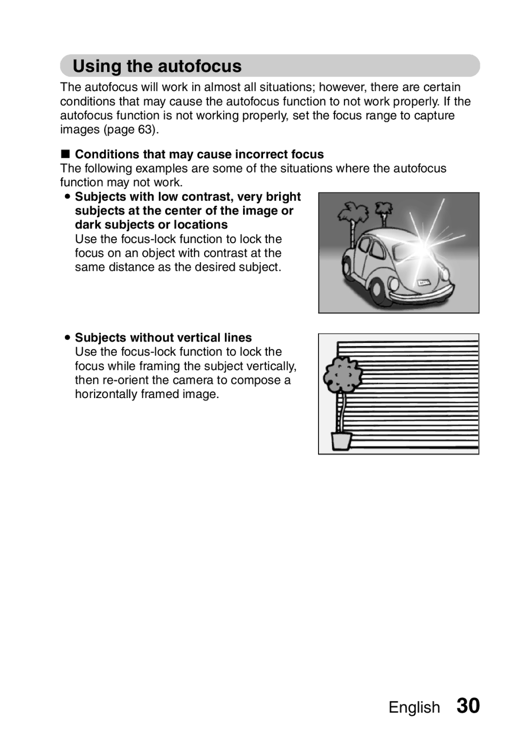 Sanyo VPC-E10GX, VPC-E10EX instruction manual Using the autofocus, Conditions that may cause incorrect focus 