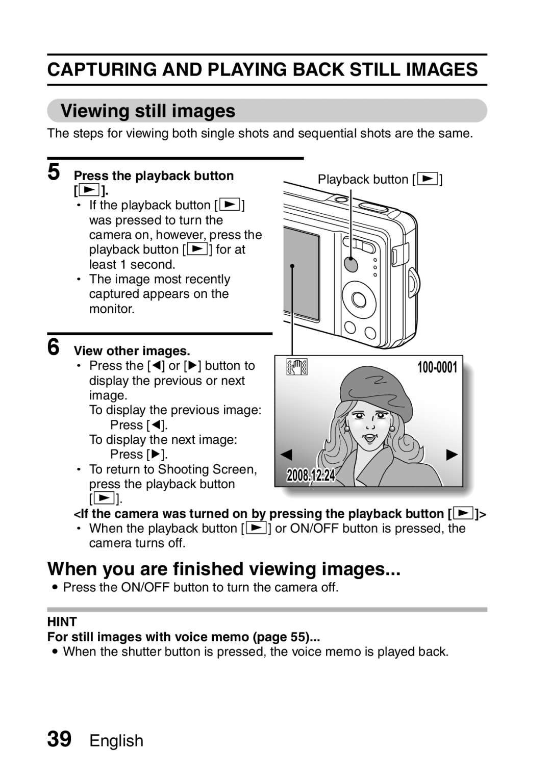 Sanyo VPC-E10GX Capturing and Playing Back Still Images, Viewing still images, When you are finished viewing images 