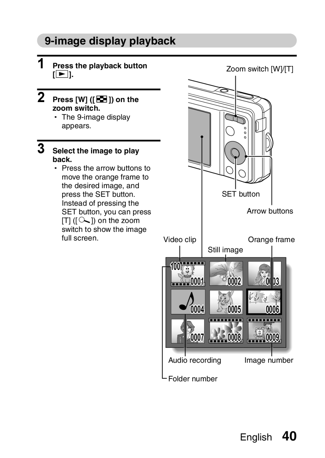 Sanyo VPC-E10EX Image display playback, Select the image to play back, Full screen Video clip Orange frame Still image 