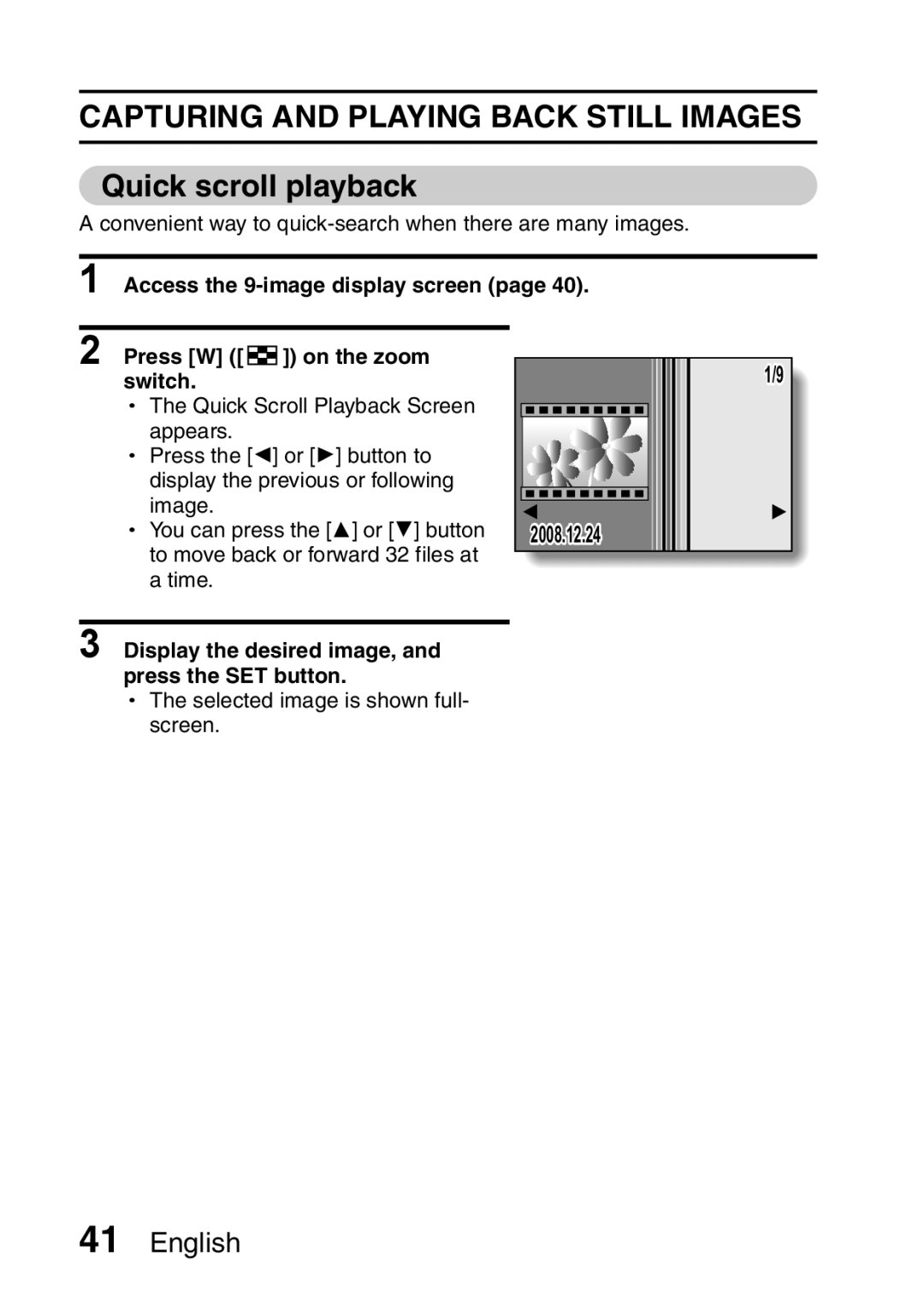 Sanyo VPC-E10EX, VPC-E10GX instruction manual Quick scroll playback, Display the desired image, and press the SET button 