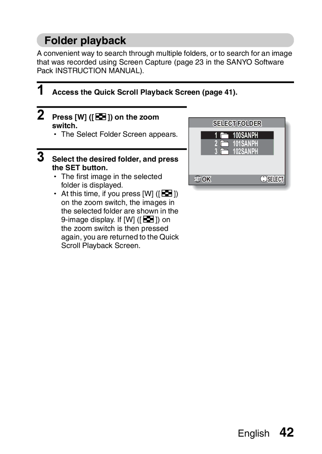 Sanyo VPC-E10GX, VPC-E10EX instruction manual Folder playback, Select the desired folder, and press the SET button 