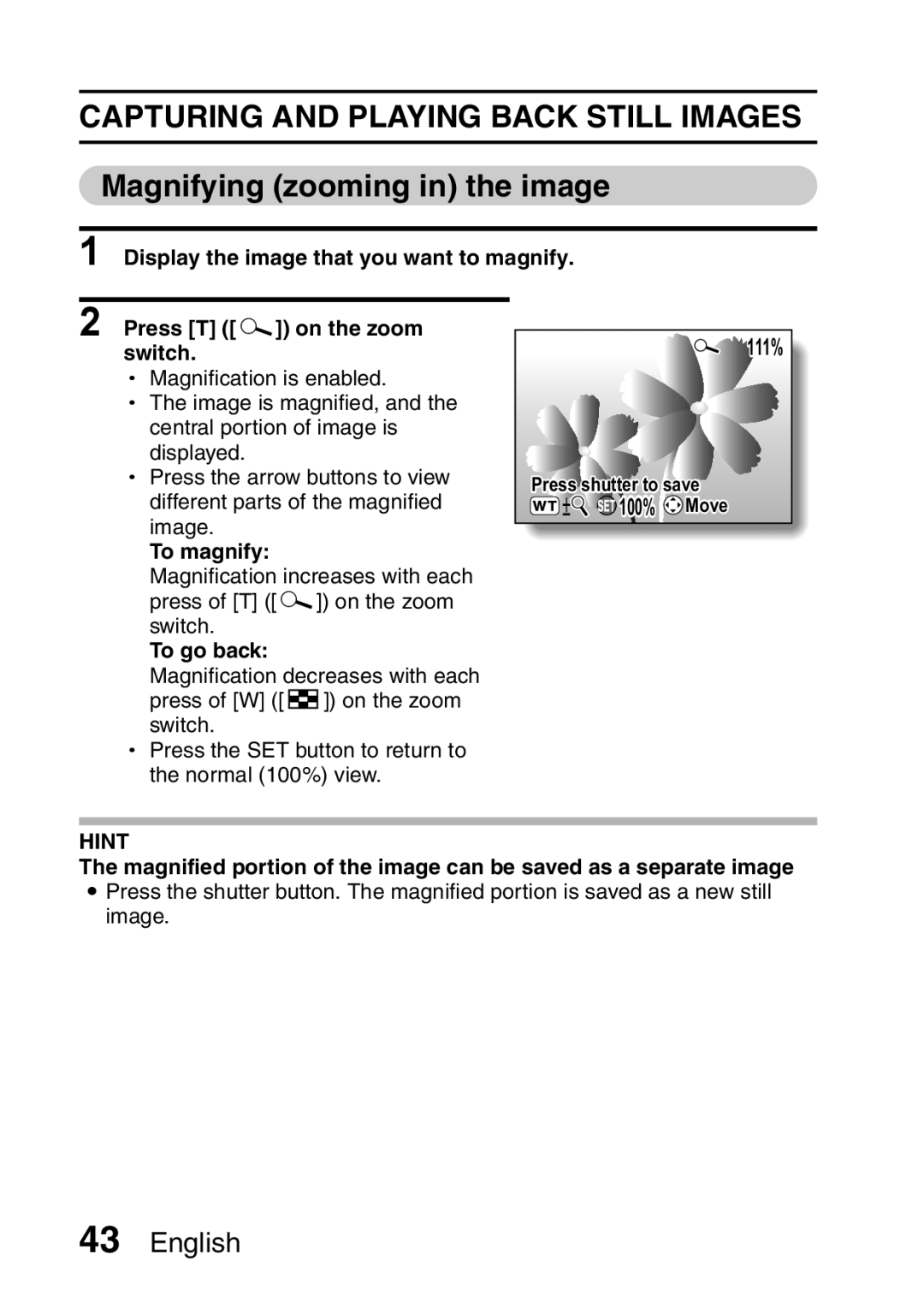 Sanyo VPC-E10EX, VPC-E10GX instruction manual Magnifying zooming in the image, Switch, To magnify, To go back 