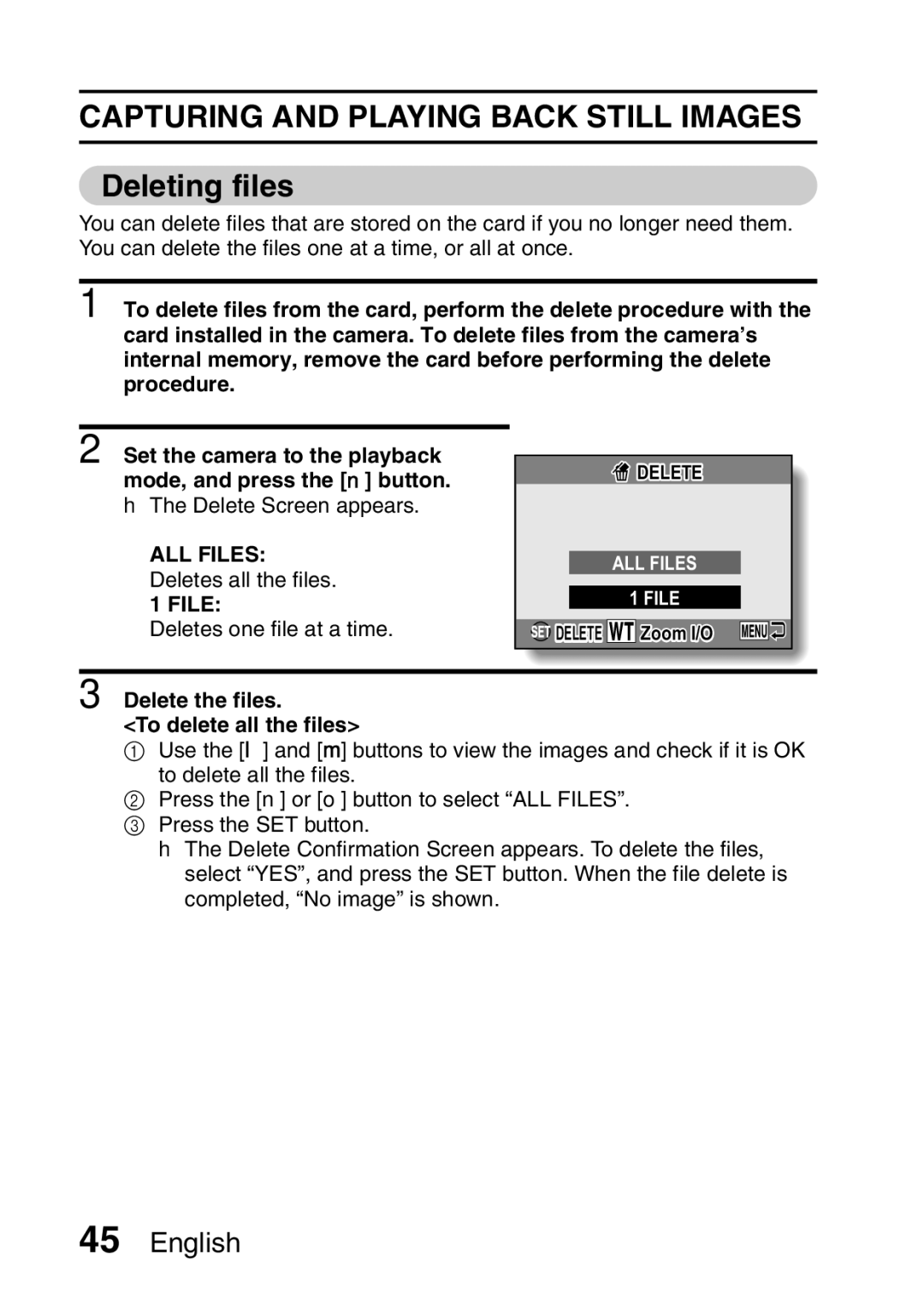 Sanyo VPC-E10GX, VPC-E10EX Deleting files, ALL Files Deletes all the files, Delete the files To delete all the files 