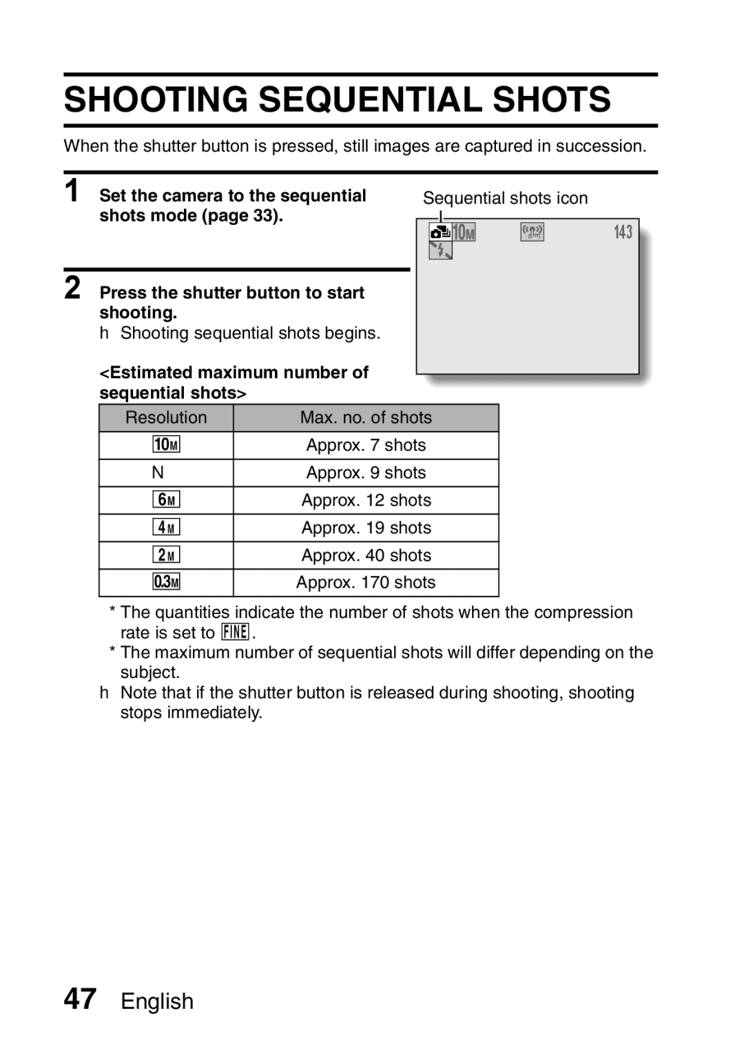 Sanyo VPC-E10EX, VPC-E10GX instruction manual Shooting Sequential Shots, Estimated maximum number of sequential shots 