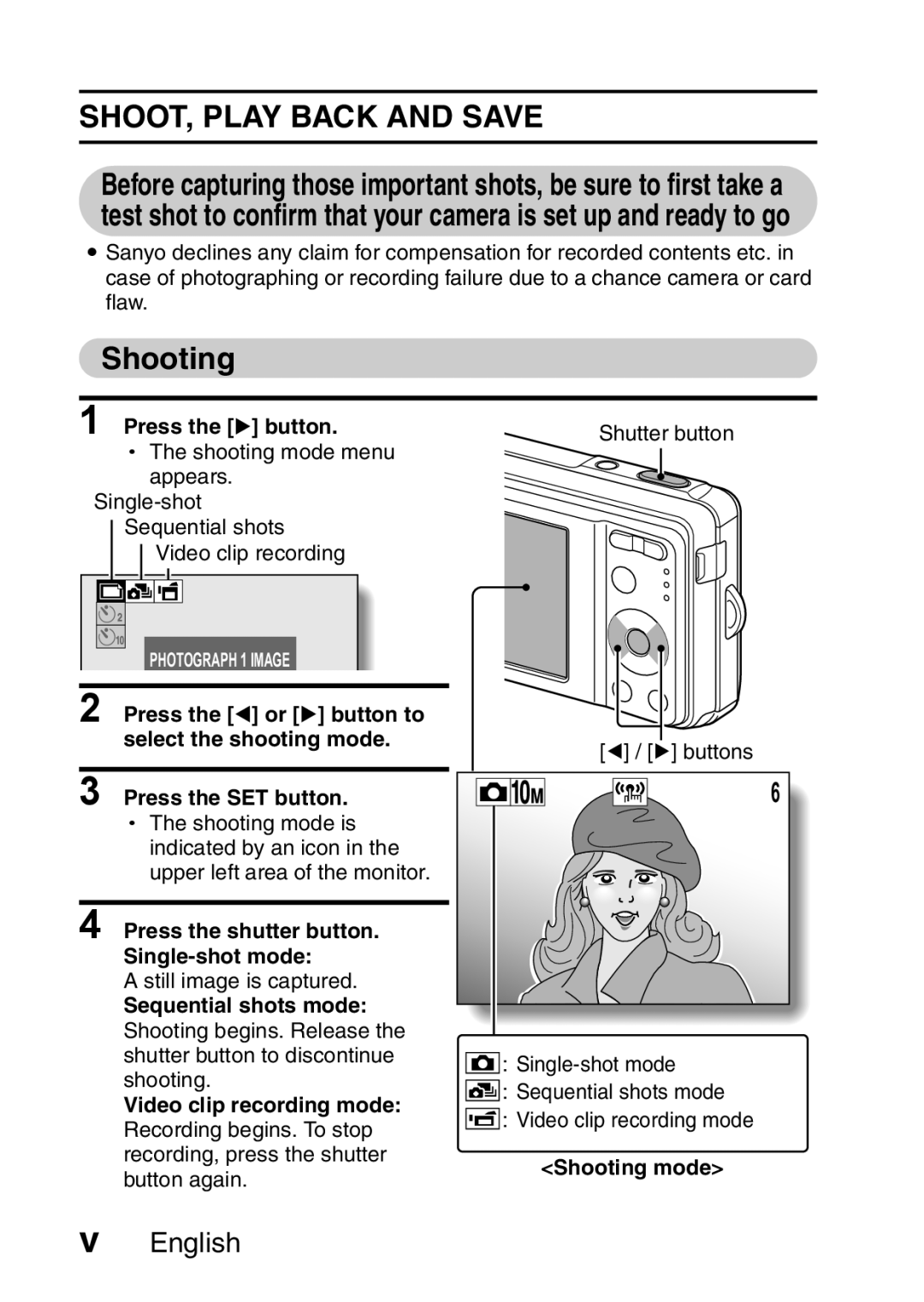 Sanyo VPC-E10EX, VPC-E10GX instruction manual SHOOT, Play Back and Save, Shooting 