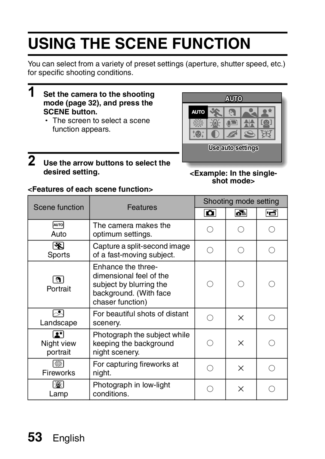 Sanyo VPC-E10EX, VPC-E10GX instruction manual Using the Scene Function, Use auto settings Example In the single Shot mode 