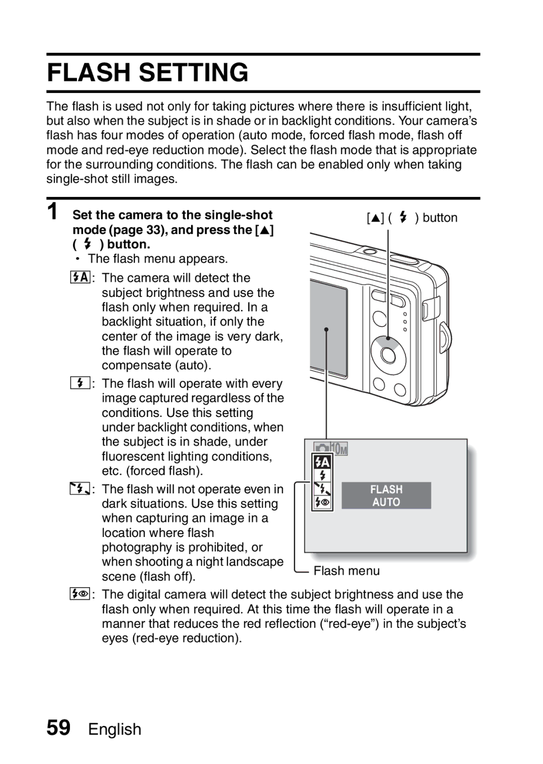 Sanyo VPC-E10EX, VPC-E10GX instruction manual Flash Setting 