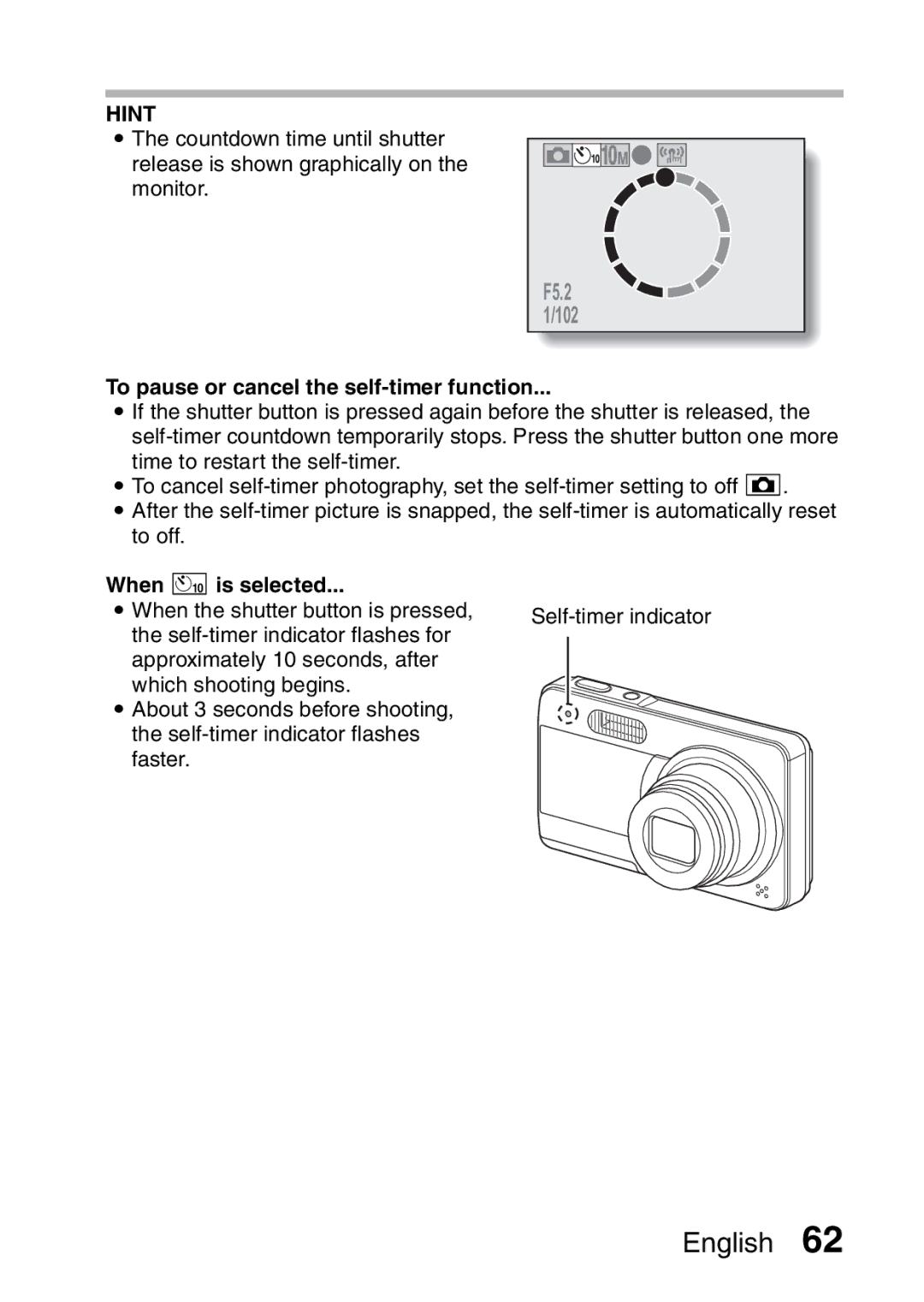 Sanyo VPC-E10EX, VPC-E10GX instruction manual To pause or cancel the self-timer function, When xis selected 