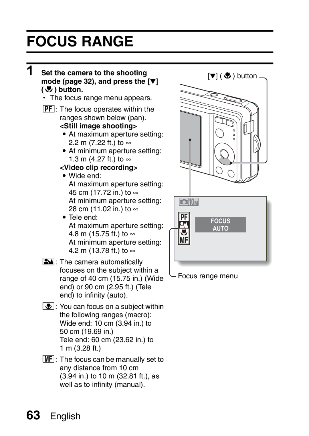 Sanyo VPC-E10GX, VPC-E10EX instruction manual Focus Range, Still image shooting, Video clip recording i Wide end 