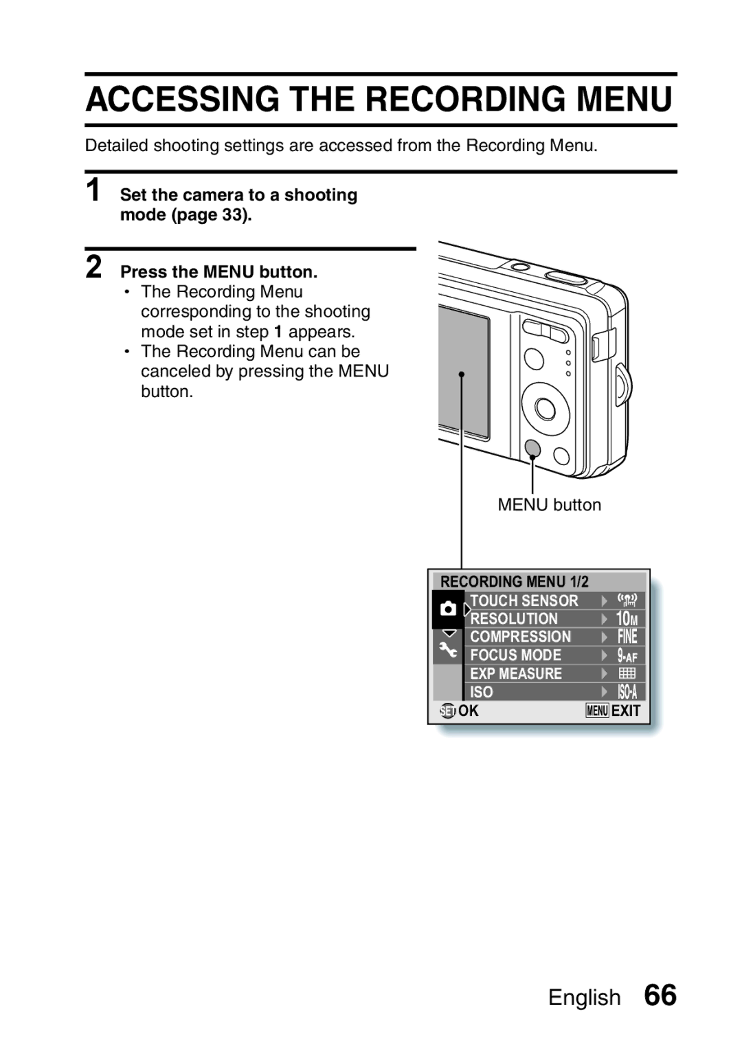 Sanyo VPC-E10GX, VPC-E10EX Accessing the Recording Menu, Set the camera to a shooting mode Press the Menu button 