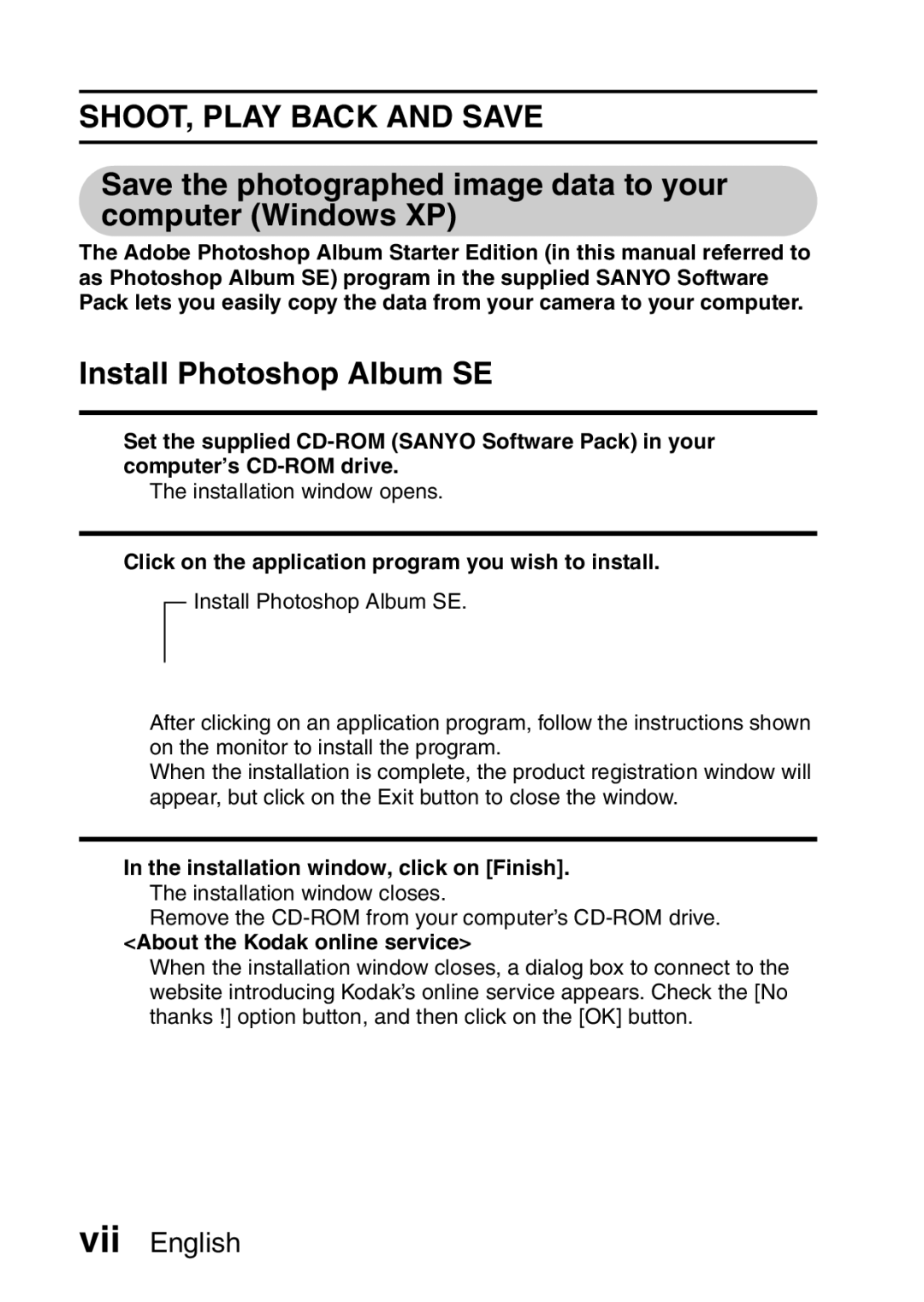 Sanyo VPC-E10GX, VPC-E10EX Install Photoshop Album SE, Click on the application program you wish to install 