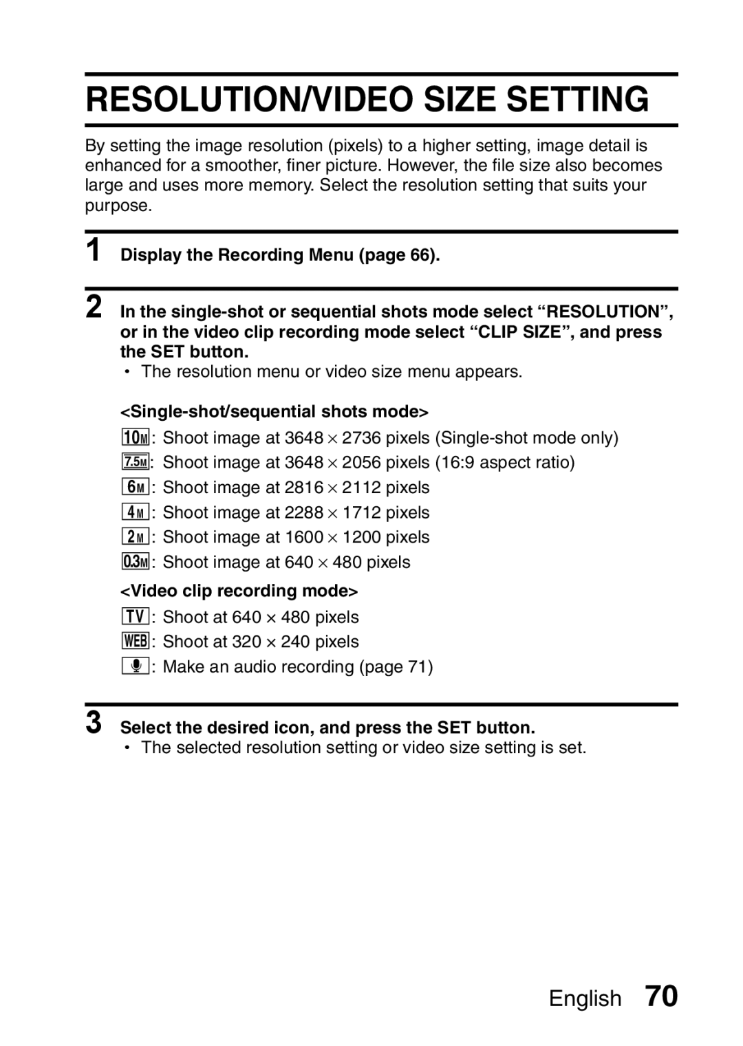 Sanyo VPC-E10EX, VPC-E10GX instruction manual RESOLUTION/VIDEO Size Setting, Single-shot/sequential shots mode 