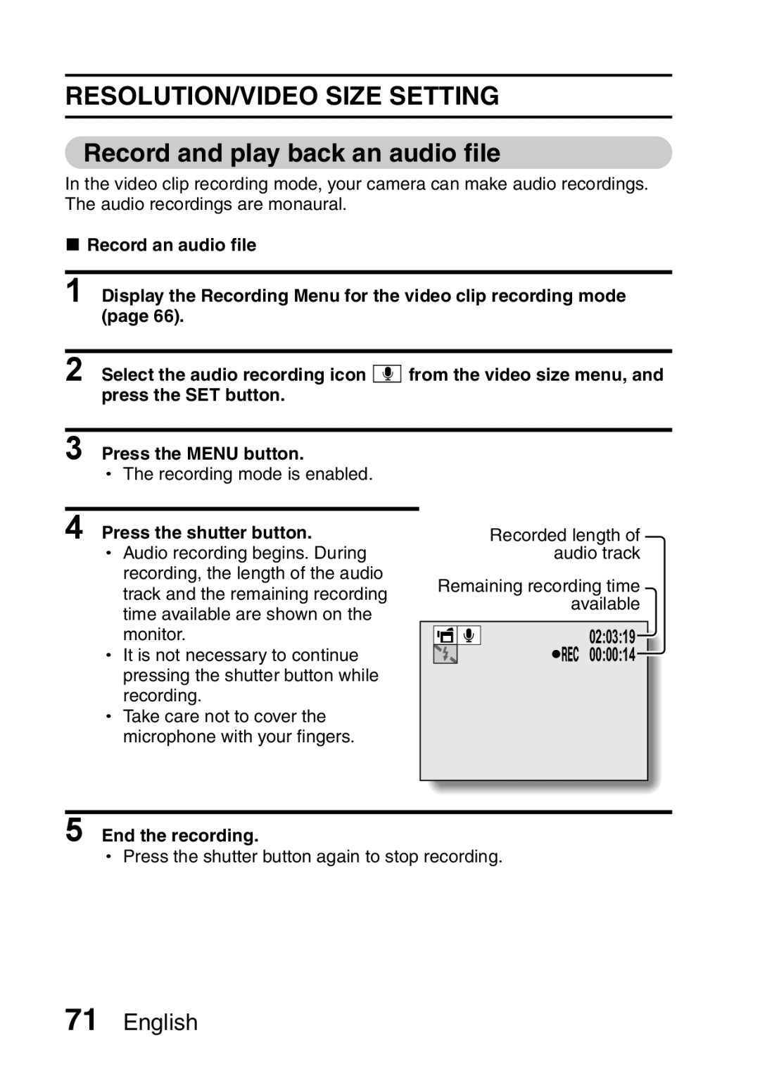 Sanyo VPC-E10EX, VPC-E10GX instruction manual RESOLUTION/VIDEO Size Setting, Record and play back an audio file 