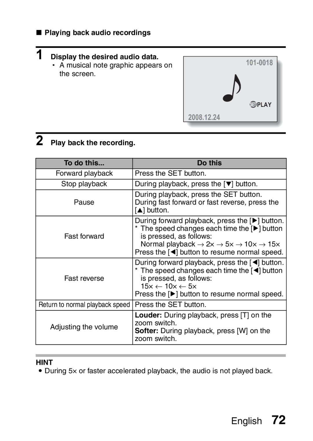 Sanyo VPC-E10GX Playing back audio recordings Display the desired audio data, Play back the recording To do this Do this 