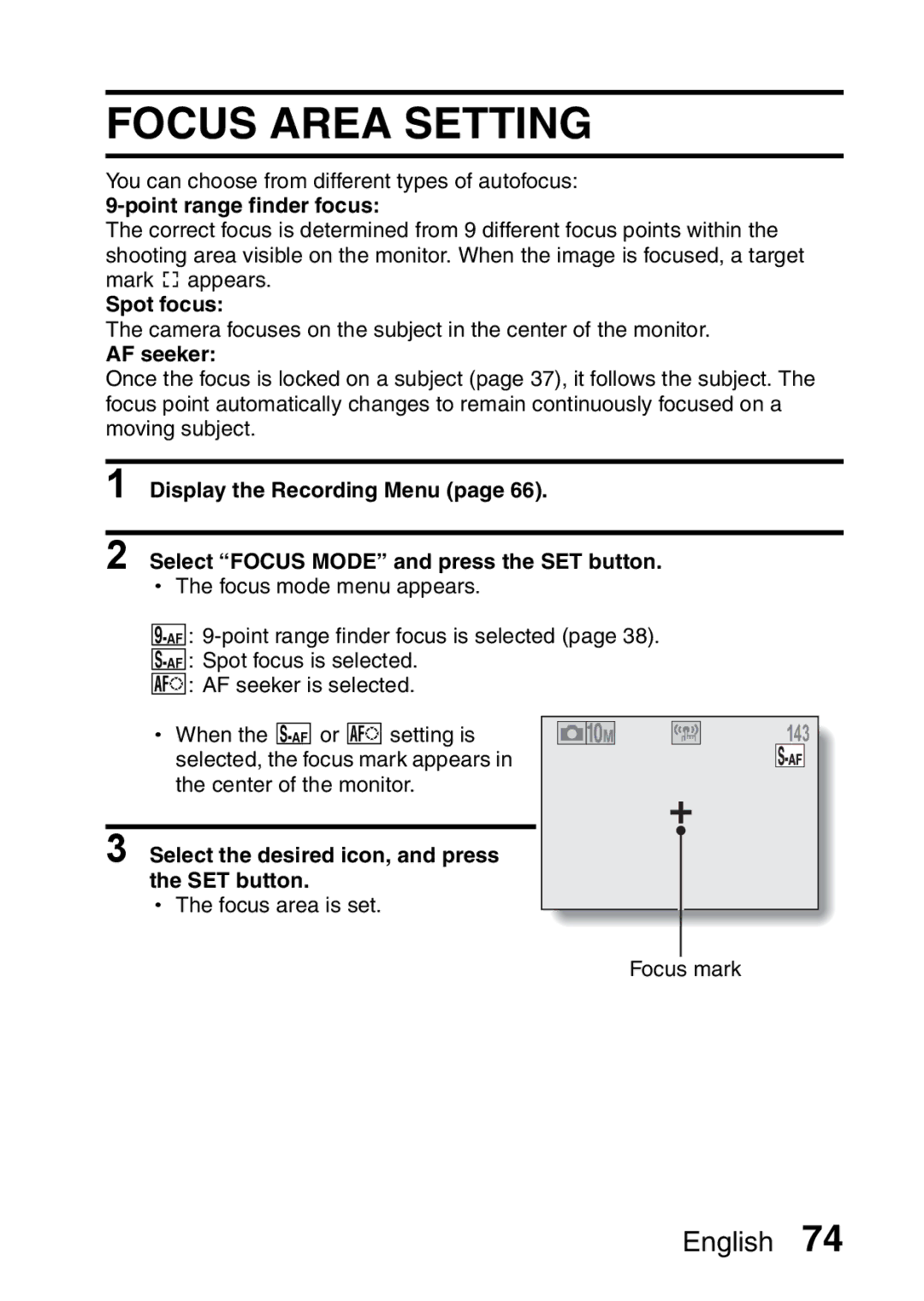 Sanyo VPC-E10EX, VPC-E10GX instruction manual Focus Area Setting, Point range finder focus, Spot focus, AF seeker 